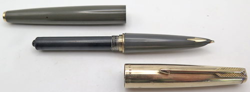 ITEM #6825R: PARKER 61 FOUNTAIN PEN IN GREY. GOLD FILLED TRIM. CAPILLARY FILLING SYSTEM. DOUBLE JEWEL.ITALLIC LEFT OBLIQUE NIB IN EXTRA BROAD. MADE IN ENGLAND. 